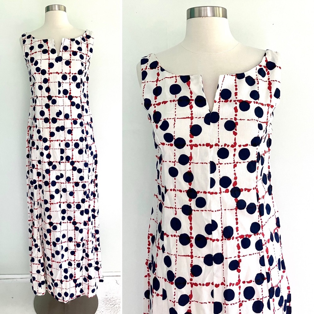 Vintage 60’s mod dots red white & navy blue midi dress